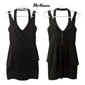 {Mystic} Black Stretch Bodycon Mini Dress Medium Open-Back Peplum Goth Clubwear